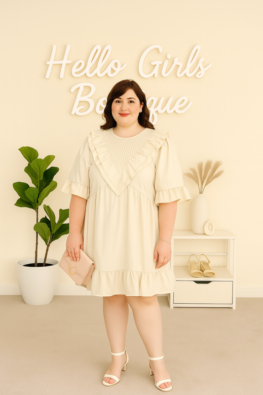 Cream Ruffle Babydoll Dress with Pleated Bib Detail