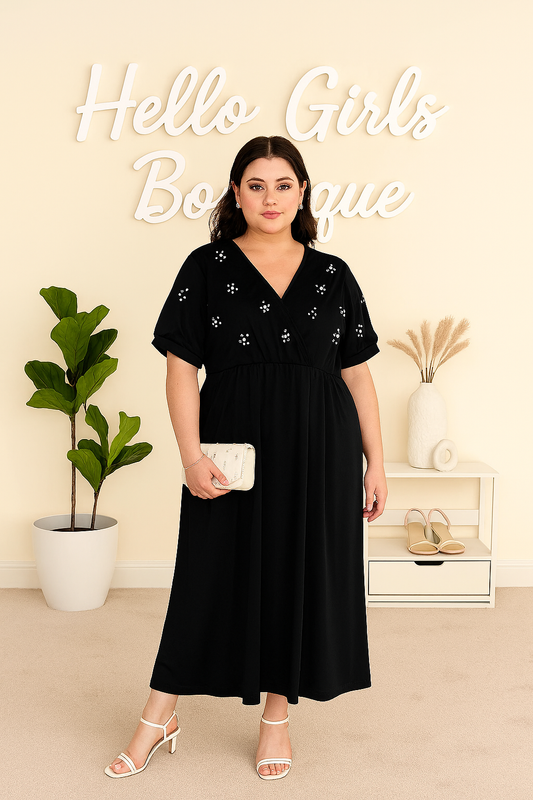 Elegant V-Neck Midi Dress with Pearl Embellished Details