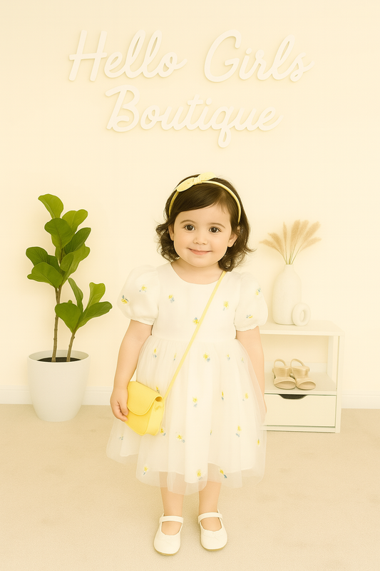 Baby Girl Tulle Dress with Floral Embroidery and Puff Sleeves