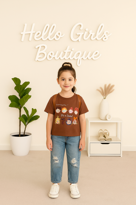 Kids Brown “It’s a Smile!” Graphic Shirt with Ripped Denim Jeans