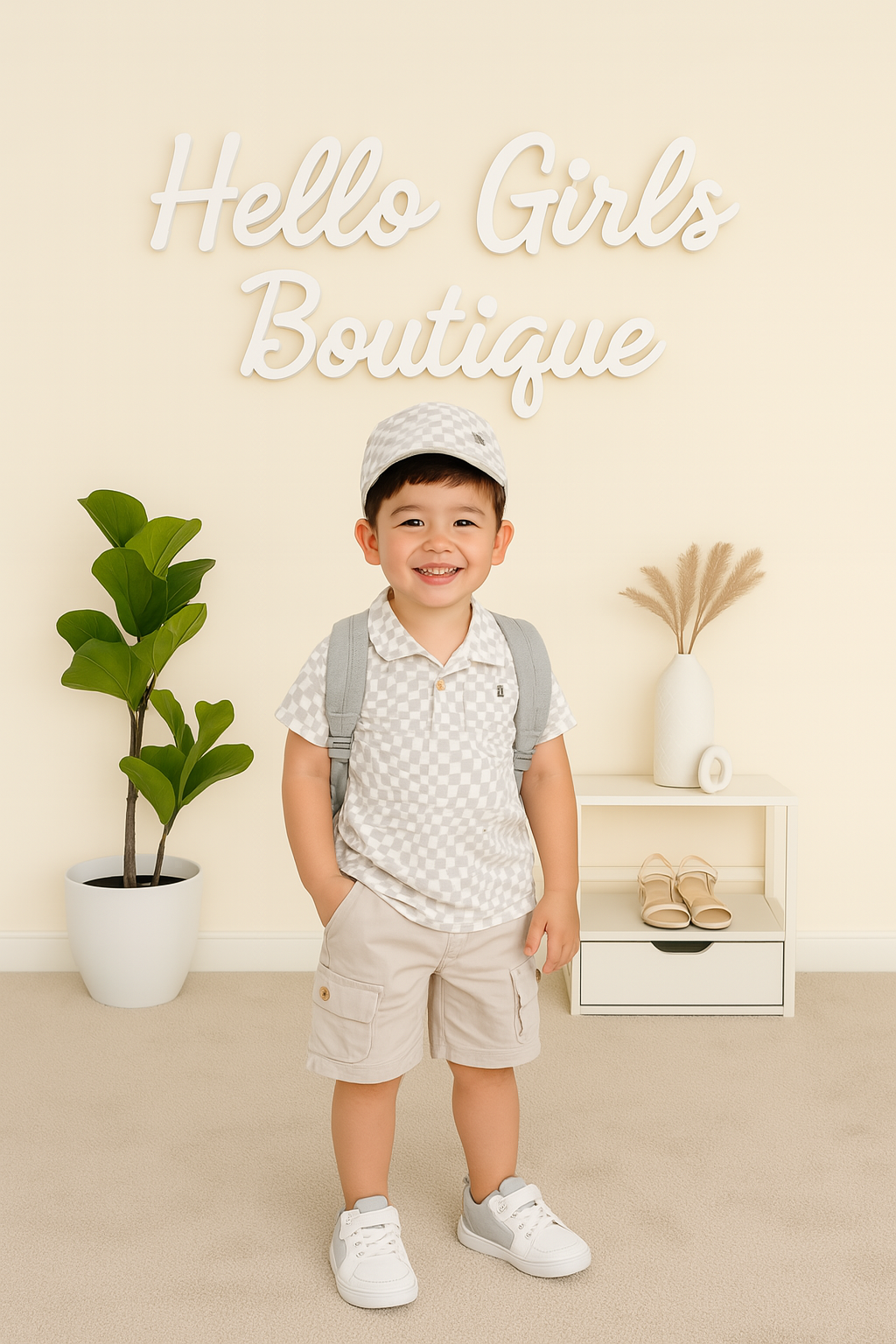 Checkered Polo Shirt, Beige Cargo Shorts & Cap
