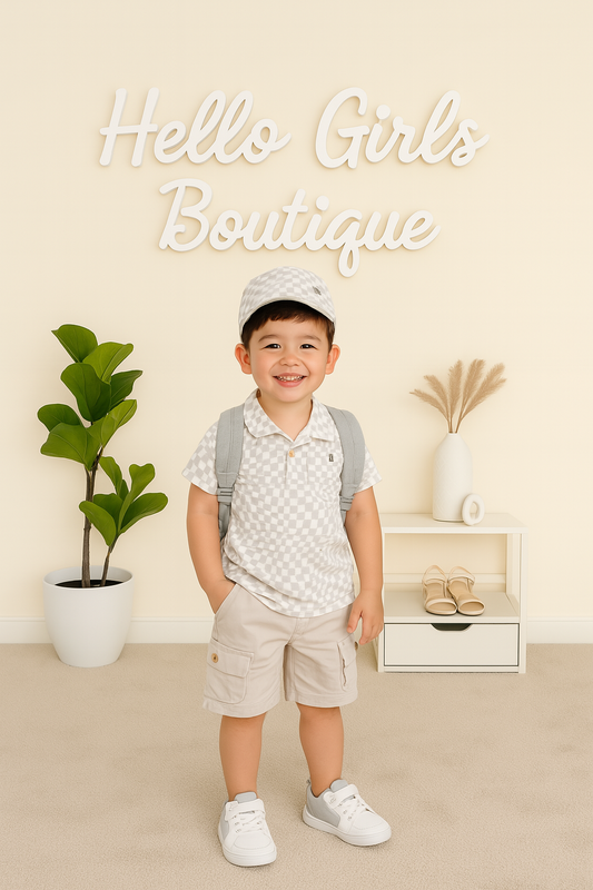 Checkered Polo Shirt, Beige Cargo Shorts & Cap