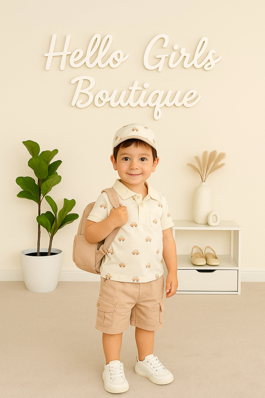 Beige Car Print Polo, Blush Cargo Shorts & Matching Cap