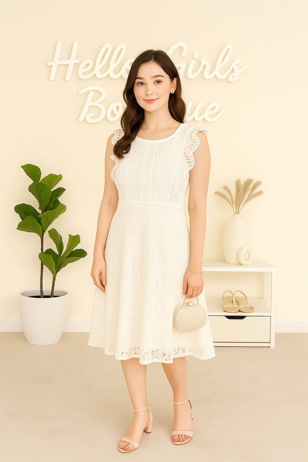 White Sleeveless Lace Midi Dress with Scalloped Details