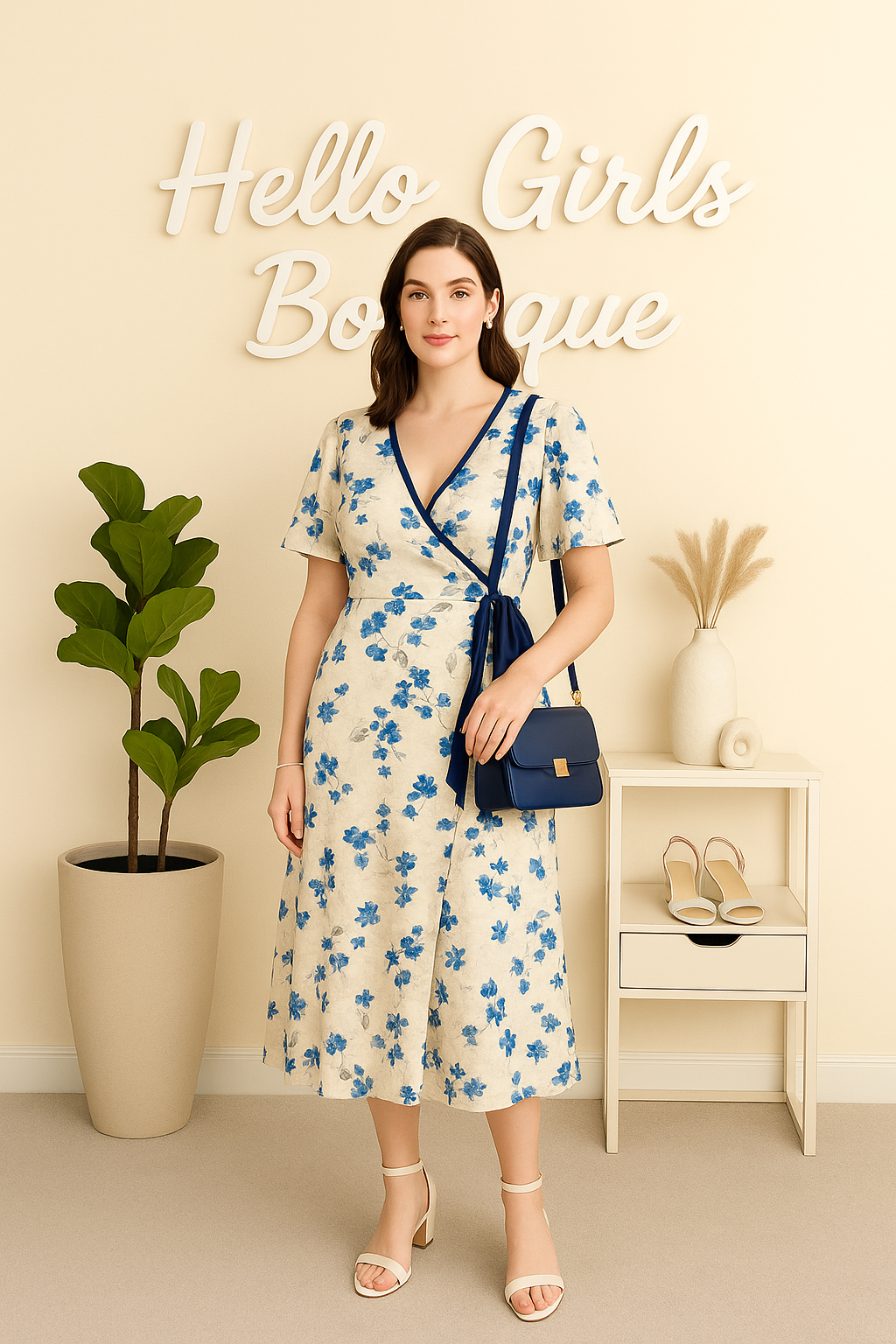 Floral Wrap Dress with Navy Trim and Side Tie
