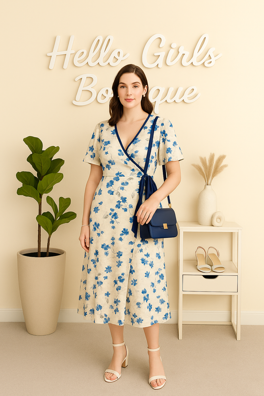 Floral Wrap Dress with Navy Trim and Side Tie