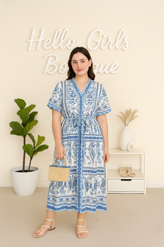 Boho-Inspired Blue and White Printed Midi Dress with Waist Tie