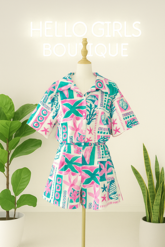 Tropical Print Co-Ord Set – Button Down Top & Shorts