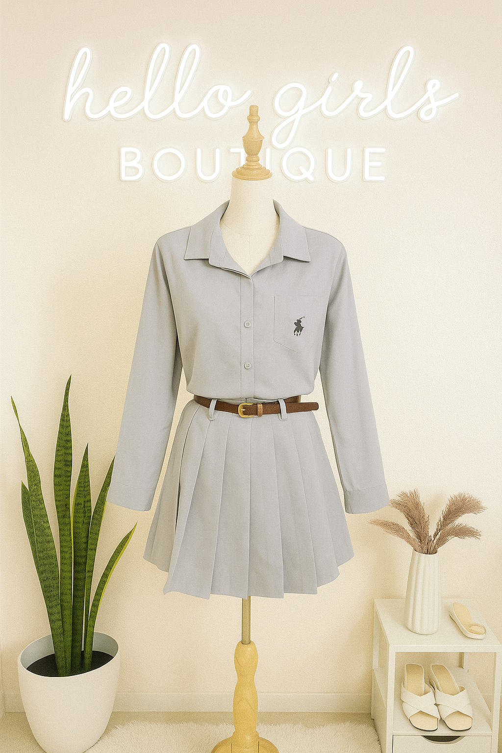 Classic Polo Top & Pleated Skirt Set with Belt