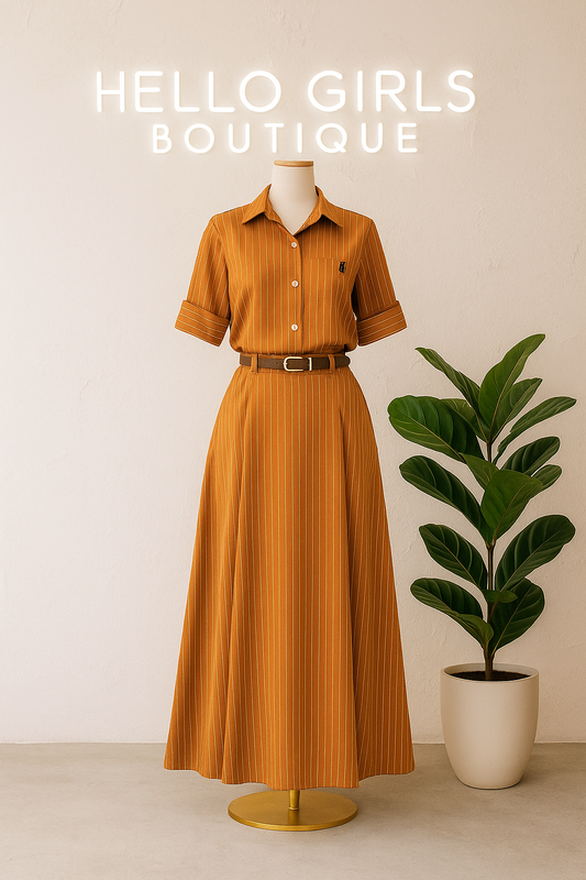 Chic & Sleek Pinstripe Polo Long Sleeve Top & Maxi Skirt with Belt