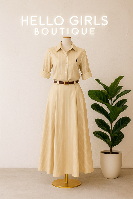 Chic & Sleek Pinstripe Polo Long Sleeve Top & Maxi Skirt with Belt