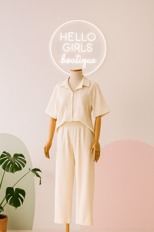 Women's Blush Pink Button-Down Top and Wide-Leg Pants Set