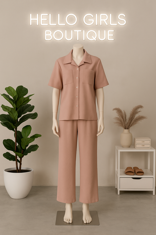 Women's Blush Pink Button-Down Top and Wide-Leg Pants Set