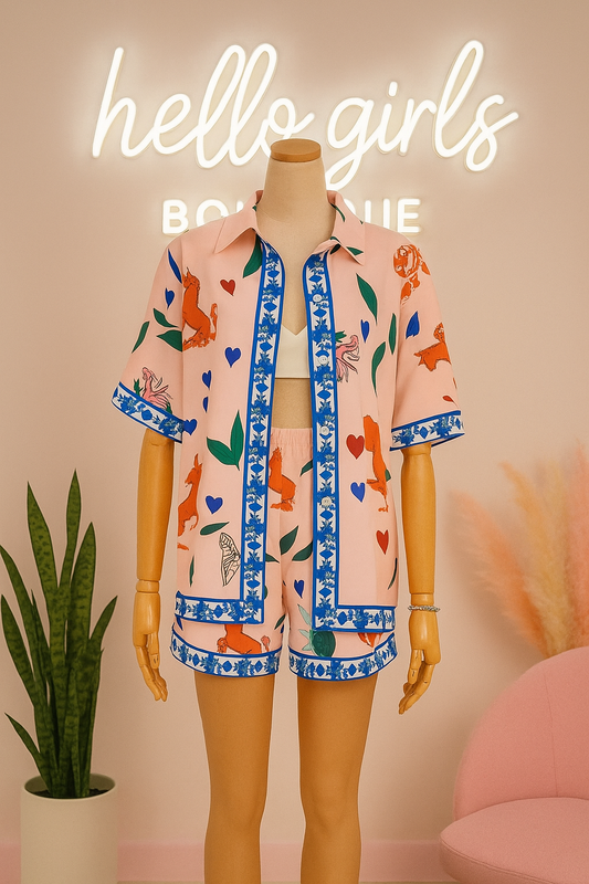 Tropical Print Button-Down Shirt & Shorts Co-Ord Set
