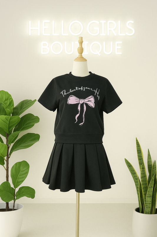 Girls' Bow Graphic Top and Pleated Skirt
