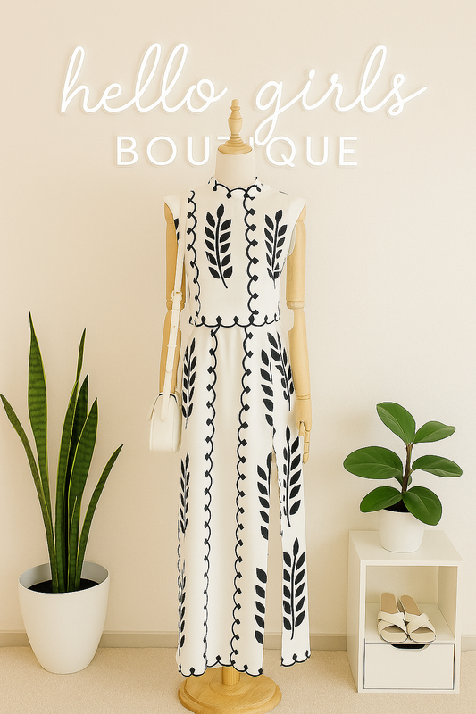 Elegant Monochrome Paisley  Print Terno with High-Slit Maxi Skirt