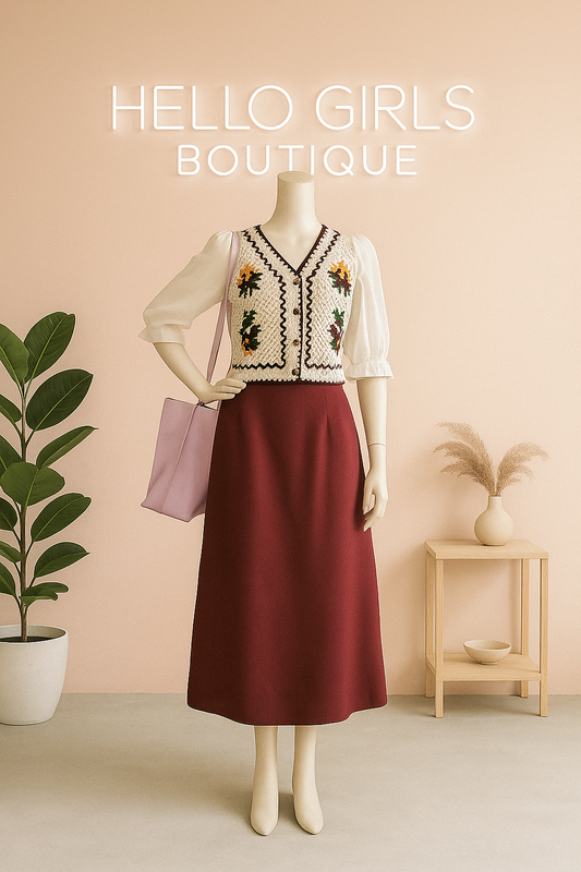 Embroidered Vintage Crochet Vest Top & Flowy Skirt Set