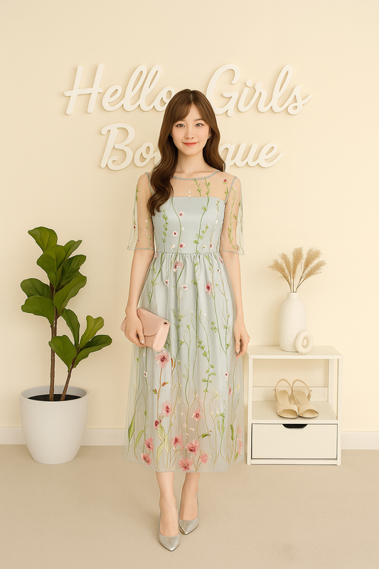Elegant Sheer Embroidered Tulle Dress with Floral Details