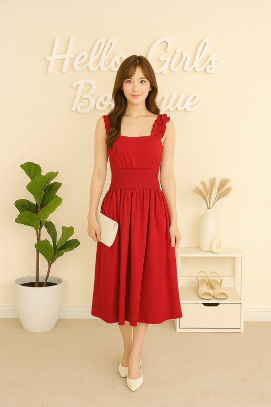 Red Smocked Midi Dress with Ruffle Straps & Back Zipper