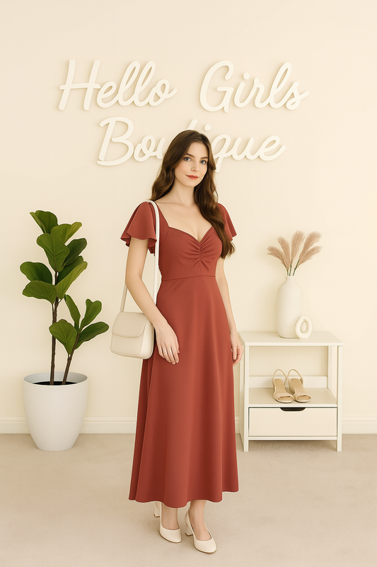 Elegant Flutter Sleeve Maxi Dress with Ruched Neckline