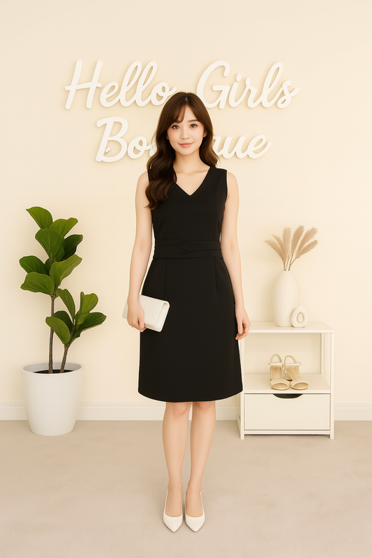 Classic Sleeveless Black Shift Dress with Waistband Detail