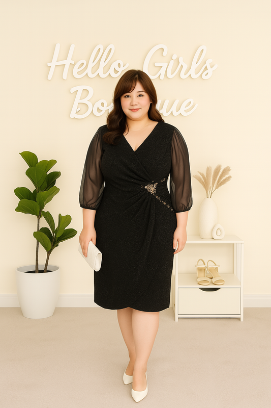Elegant Black Glitter Midi Dress with Sheer Sleeves