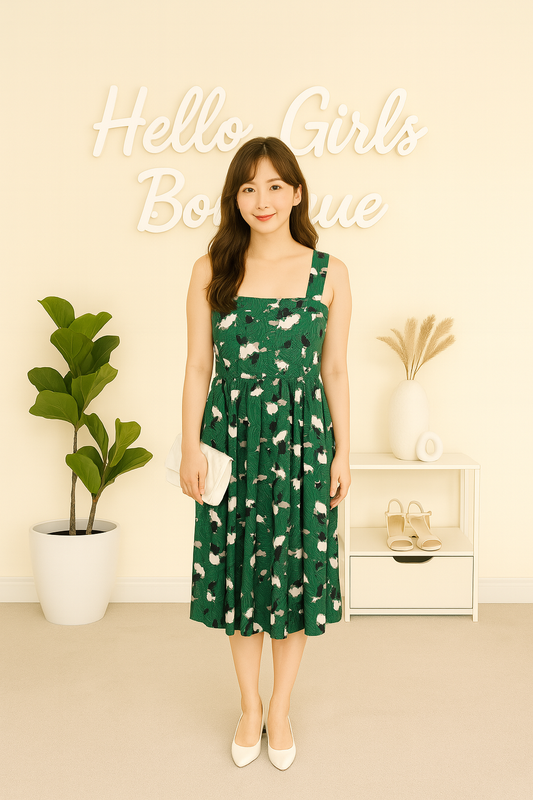 Tropical Green Floral Midi Dress with Wide Straps & Pleated Skirt