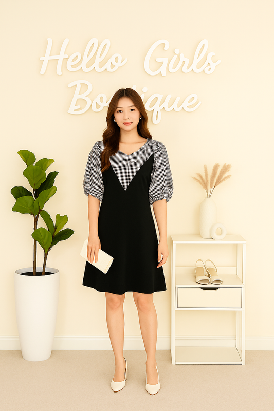 Casual Black Midi Dress with Gingham Puff Sleeves