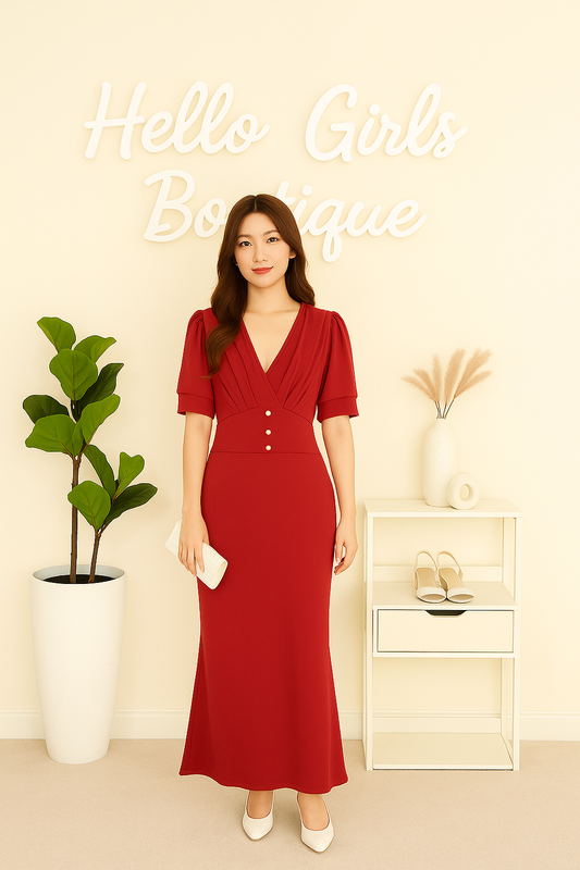 Elegant Red Maxi Dress with Pleated V-Neckline & Pearl Button Detail