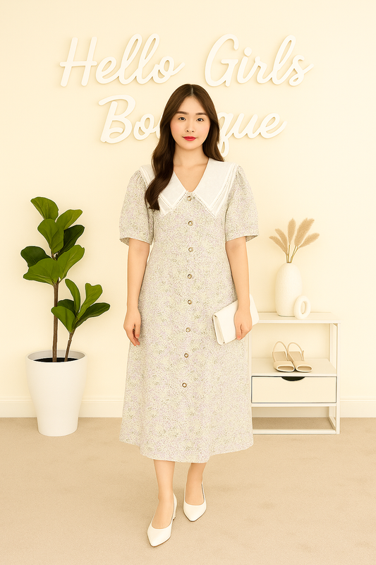 Floral Button-Down Midi Dress with Embroidered Sailor Collar