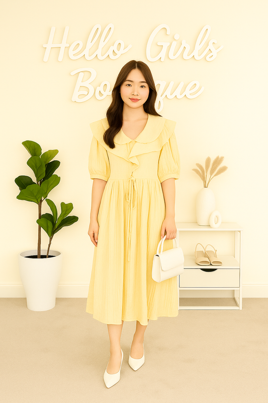 Yellow Ruffle-Collar Midi Dress with Front Tie Detail