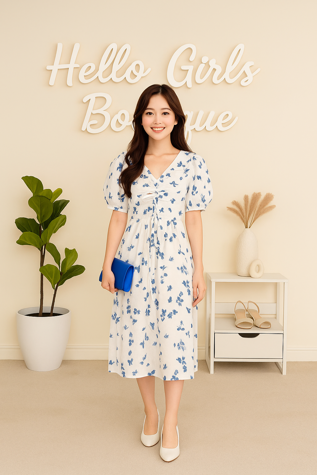 White Puff Sleeve Floral Midi Dress with Ruched Front
