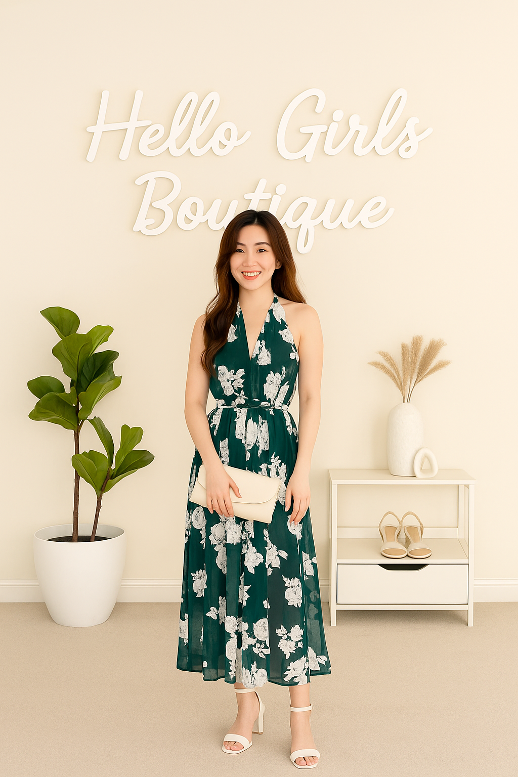Halter Neck Maxi Dress with White Floral Print
