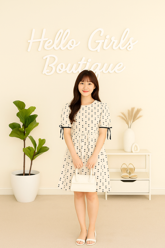 Printed Puff Sleeve Dress – Cream A-Line Mini with Ribbon Tie Detail
