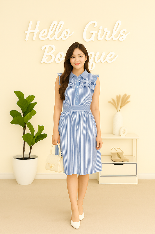 Sleeveless Striped Button-Down Dress with Ruffle Collar