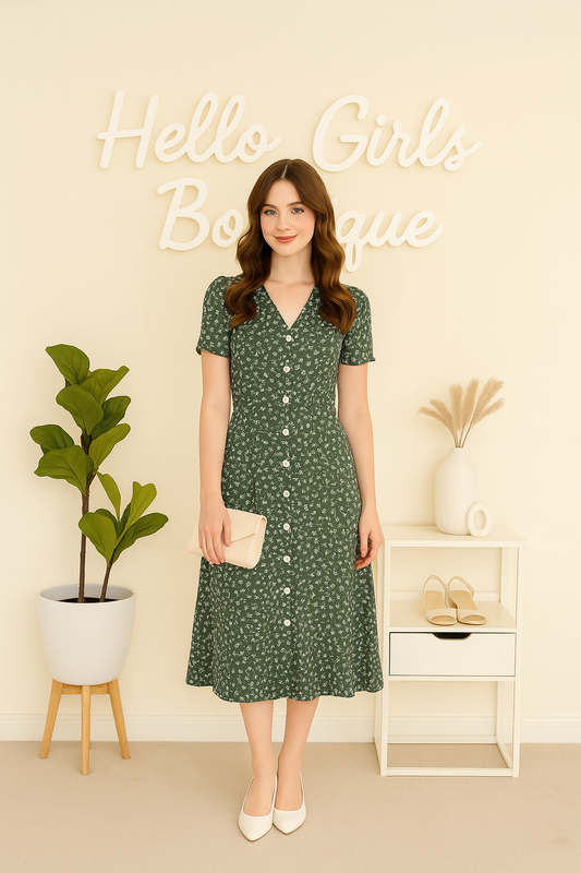 Green Floral Button-Down Midi Dress with V-Neck