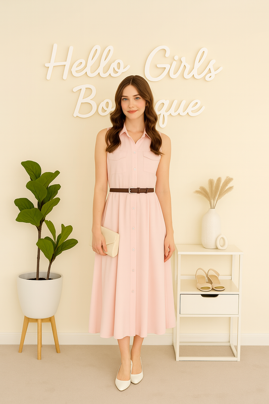 Sleeveless Blush Pink Button-Down Dress with Belt