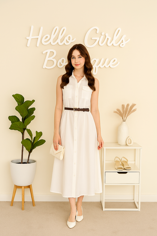 Sleeveless Blush Pink Button-Down Dress with Belt