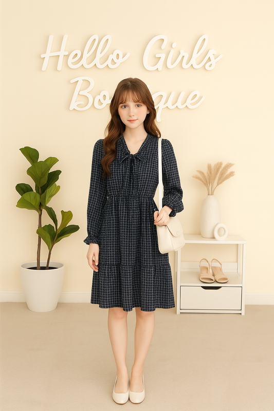 Navy Grid-Pattern Long Sleeve Midi Dress