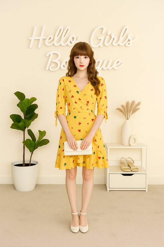 Yellow Wrap Dress with Fun Fruit Print & Tie Sleeve Detail