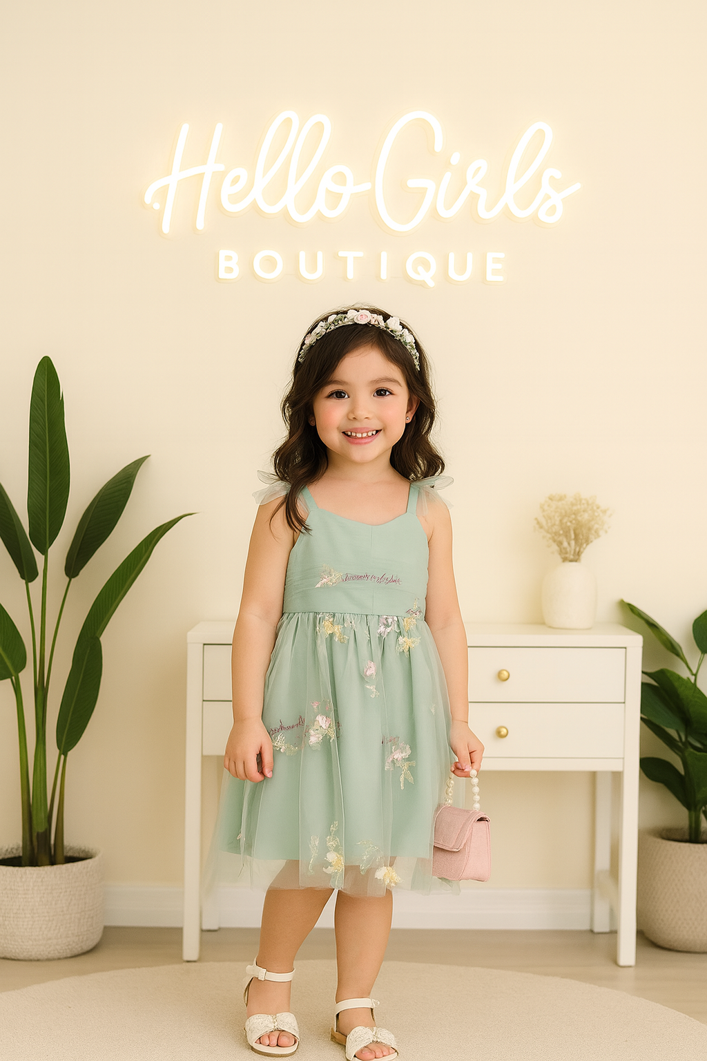 Baby Girl Tulle Dress with Embroidered Flowers and Ribbon Straps