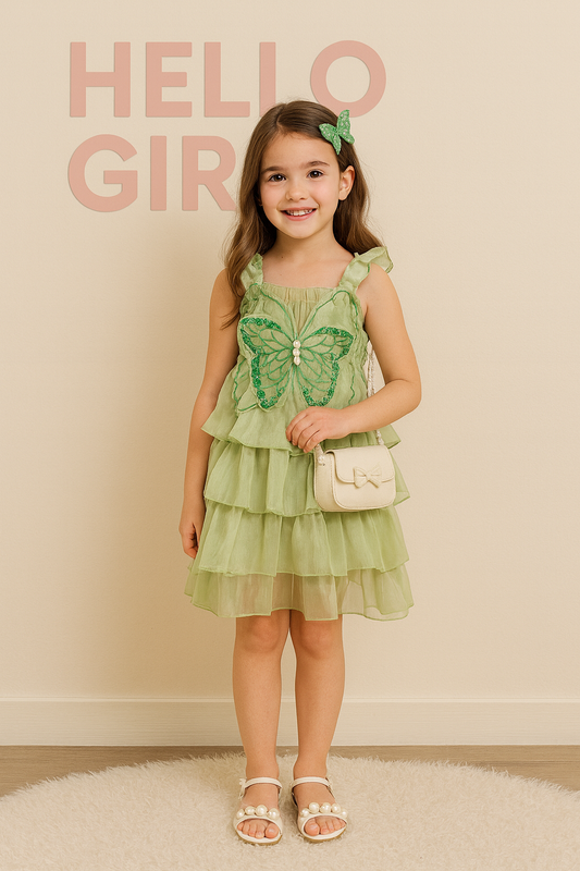 Butterfly Ruffle Dress for Girls – Layered Tulle Party Dress with Pearls
