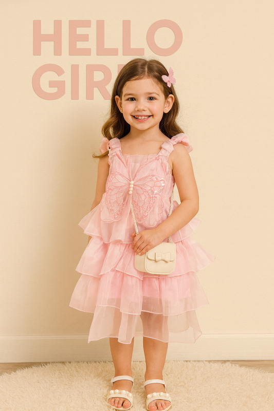 Butterfly Ruffle Dress for Girls – Layered Tulle Party Dress with Pearls