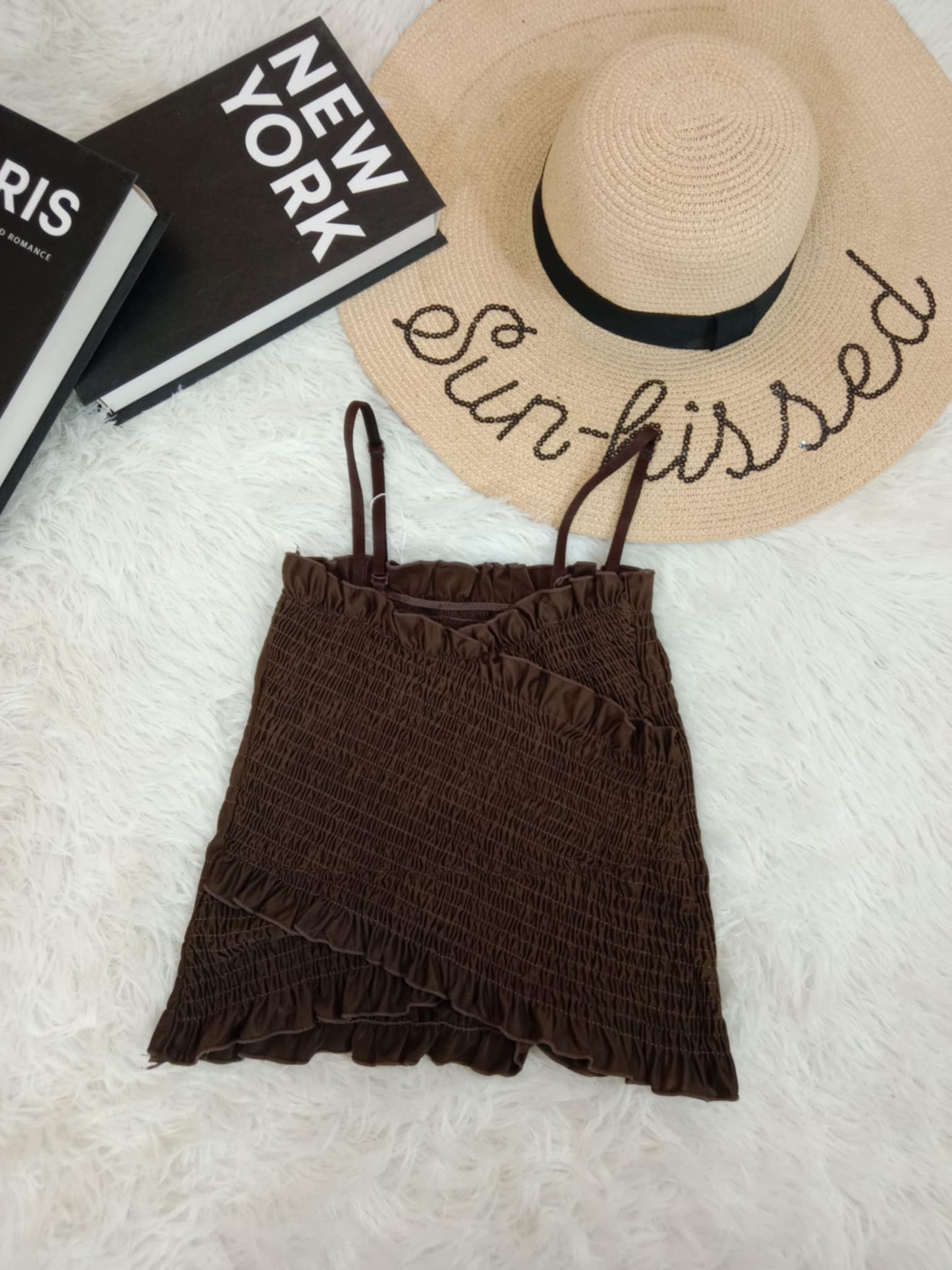 Ruched Ruffle Detail Brown Cami Top