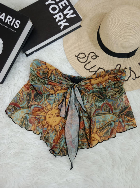 Boho Sun & Moon Print Chiffon Beach Shorts
