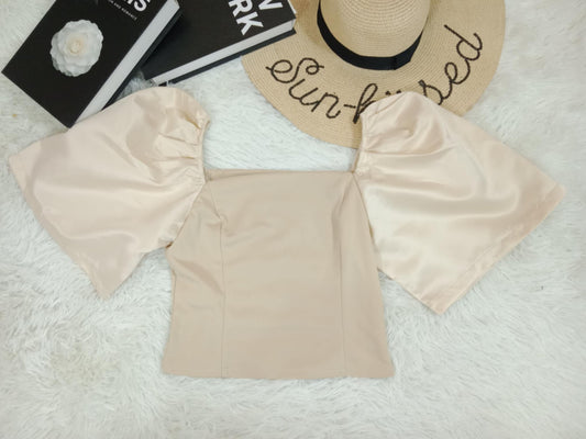 Elegant Puff Sleeve Satin Crop Top – Off-Shoulder Style