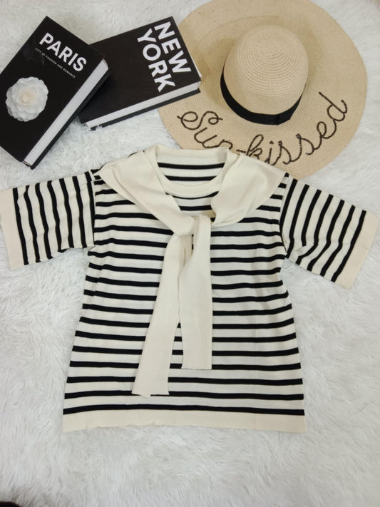 Striped Knit Tee with Sweater Accent