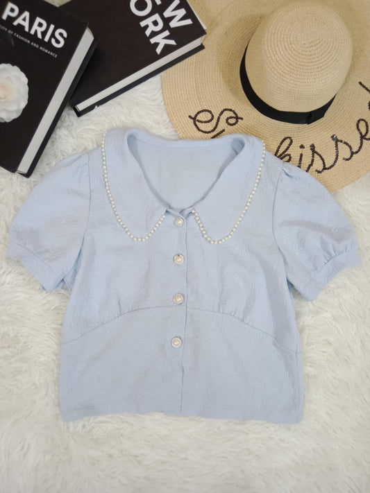 Pearl-Trim Peter Pan Collar Blouse with Button Front
