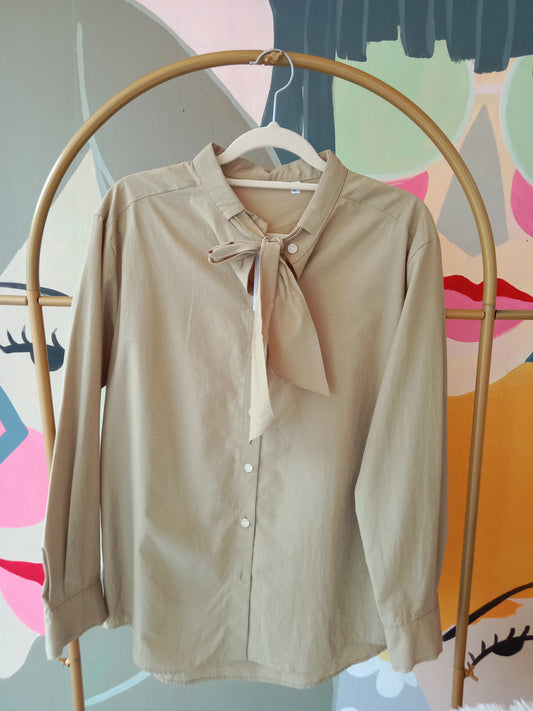 Chic Neutral Long Sleeve Blouse with Neck Tie – Button-Down Office Top