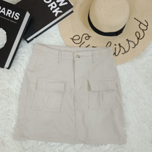 Beige Utility Cargo Mini Skirt with Front Pockets